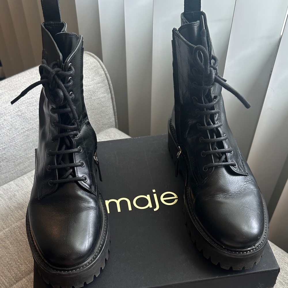 Maje Black Leather Lace-Up Boots